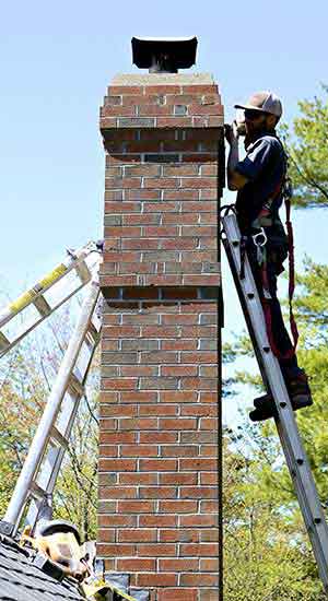 Tech with safety gear repointing tall chimney on a ladder-the chimney has a chimney cap and there is another ladder on the other side of chimney